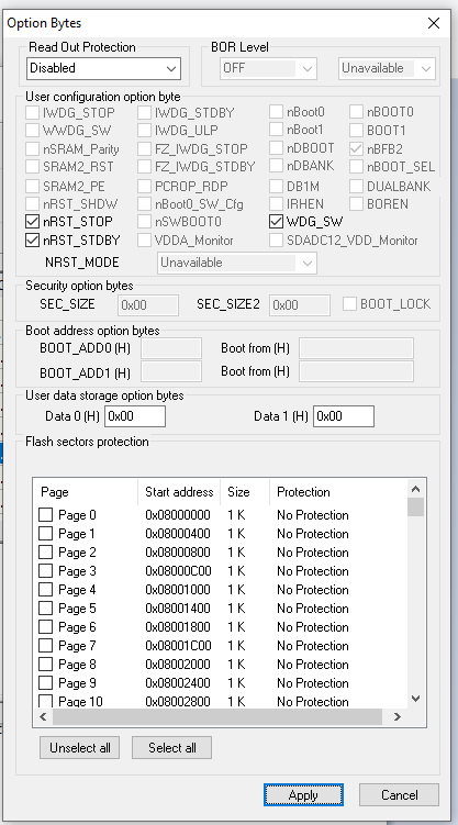 8 ST Link Utility option byte