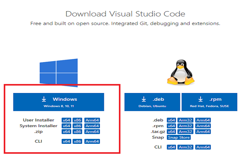 Chọn phiên bản Visual Studio Code trên hệ Windows