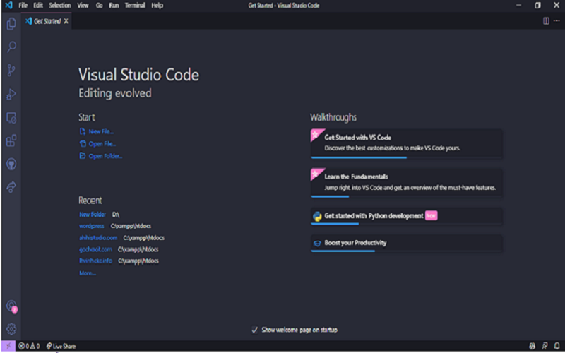 Giao diện khởi động của Visual Studio Code