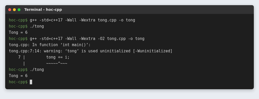 Hằng và biến C++: cách khai báo, auto, const và constexpr 4 Biến tong chưa khởi tạo, g++ chỉ cảnh báo used uninitialized khi bật -O2