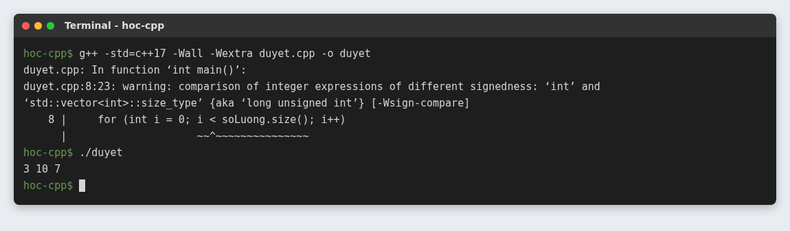 String và vector trong C++: chuỗi và mảng động kiểu C++ 8 g++ cảnh báo so sánh int với size_t khác dấu khi duyệt vector bằng chỉ số