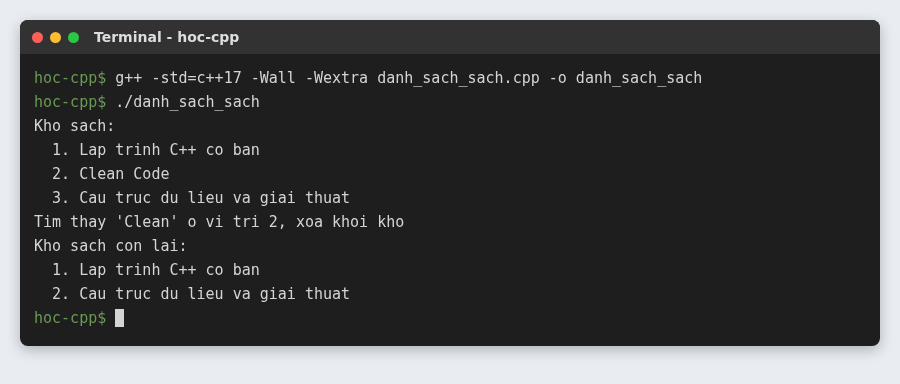 String và vector trong C++: chuỗi và mảng động kiểu C++ 9 Dùng string và vector trong C++ lưu danh sách sách, tìm theo từ khóa và xóa khỏi kho