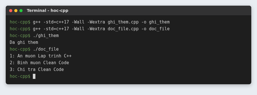 Đọc ghi file trong C++ với fstream: ghi, ghi thêm, đọc từng dòng và file CSV 4 Ghi thêm vào cuối file bằng std::ios::app rồi đọc từng dòng bằng getline