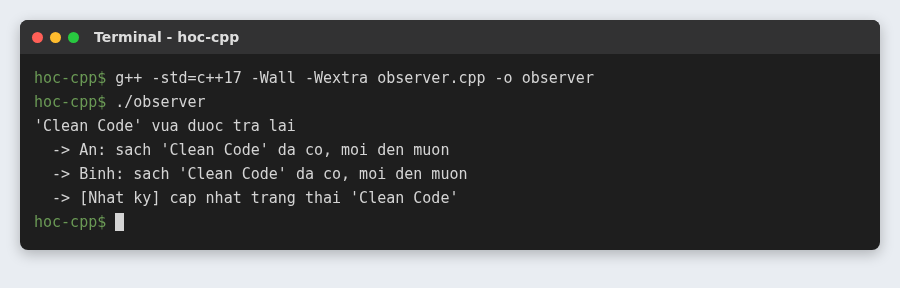 Observer pattern trong C++: tự động báo tin khi dữ liệu thay đổi 3 Sách được trả, Observer báo tin cho An, Bình và ghi nhật ký