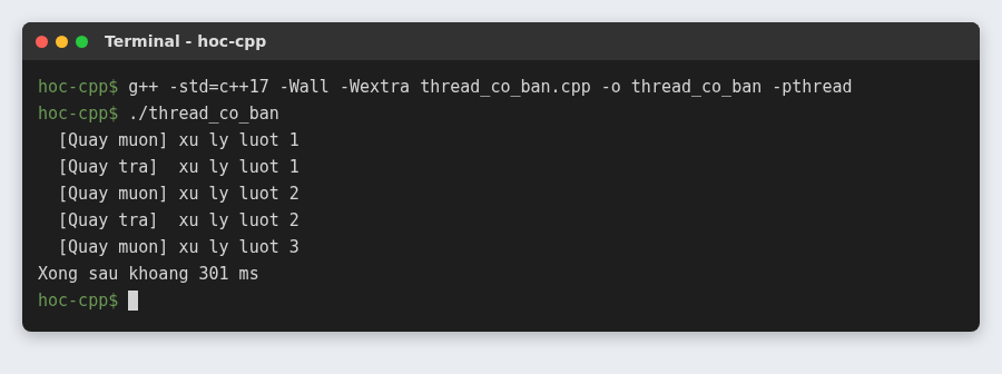 Lập trình đa luồng trong C++: std::thread, mutex và std::async 2 Lập trình đa luồng trong C++: hai luồng std::thread quầy mượn và quầy trả chạy song song, xong sau khoảng 300 ms