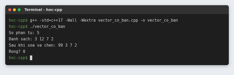 String và vector trong C++: chuỗi và mảng động kiểu C++ 6 Các thao tác std::vector: push_back, pop_back, erase, insert, size, empty