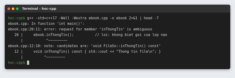 Đa kế thừa trong C++ (Multiple Inheritance) và kế thừa ảo 3 g++ báo lỗi request for member inThongTin is ambiguous khi hai lớp cha có hàm trùng tên