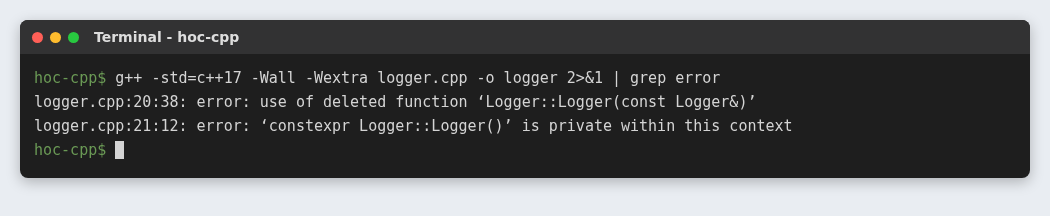 Singleton pattern trong C++: một đối tượng duy nhất cho cả chương trình 4 g++ báo lỗi khi sao chép Singleton và khi gọi constructor private