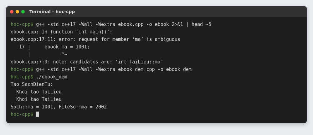 Đa kế thừa trong C++ (Multiple Inheritance) và kế thừa ảo 5 Vấn đề kim cương: thuộc tính ma bị mơ hồ, TaiLieu được khởi tạo 2 lần với 2 mã khác nhau