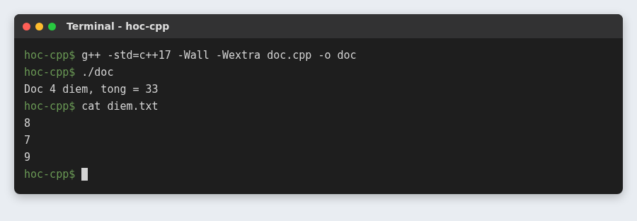 Đọc ghi file trong C++ với fstream: ghi, ghi thêm, đọc từng dòng và file CSV 6 Vòng lặp while eof đọc thừa một lần, file 3 điểm nhưng đếm ra 4 điểm